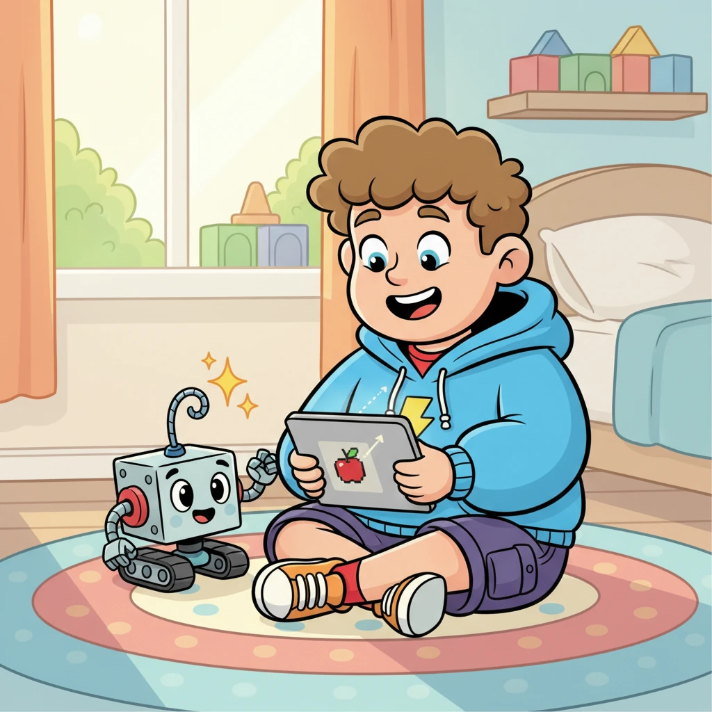 He started with simple commands, like making a little digital apple move across his screen. With each successful line of code, Pixel's antenna wiggled happily, feeling a spark of magic.