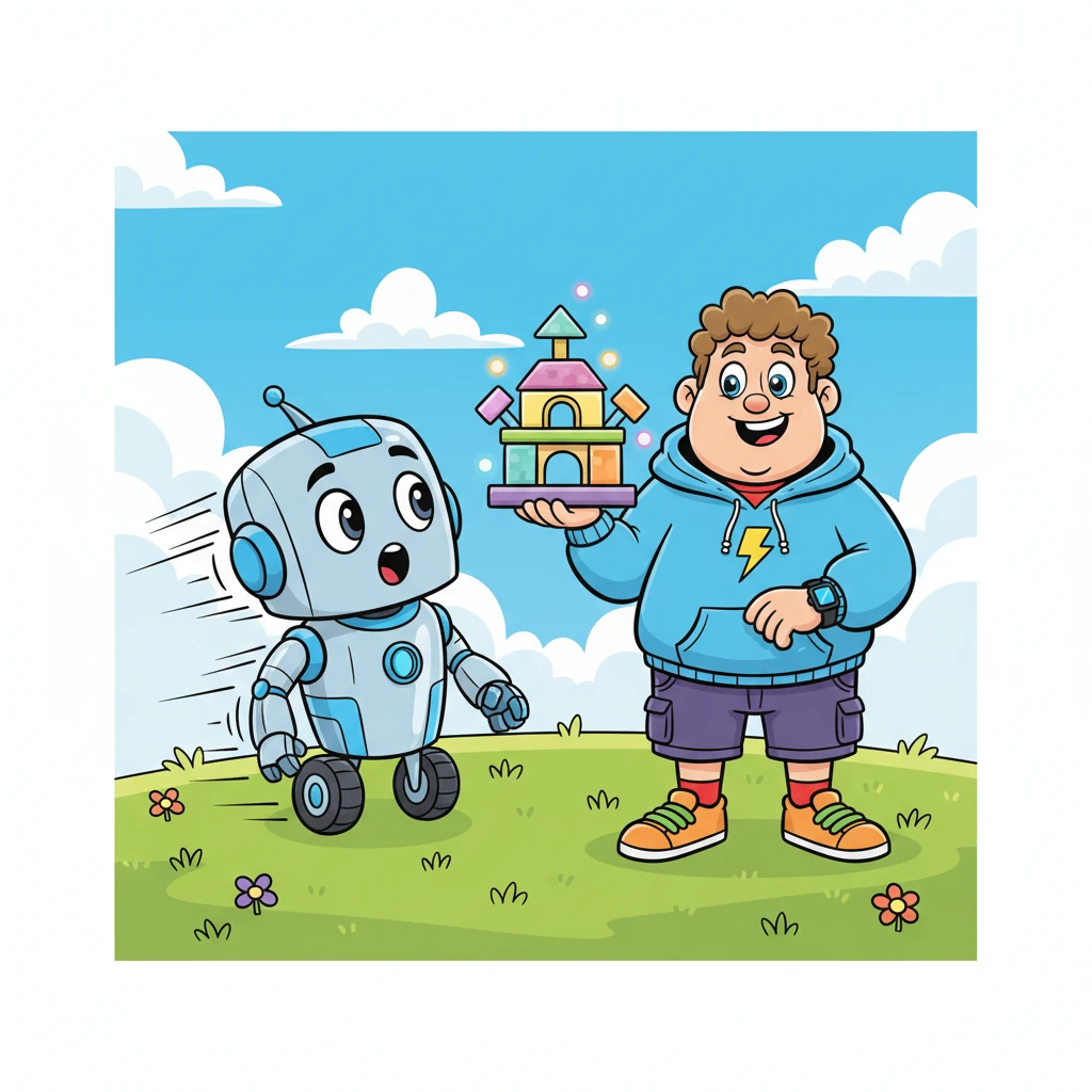 His friend, Bolt, a speedy delivery robot, zoomed by and saw Pixel's creation. Bolt was amazed and asked, "Wow, how did you do that? Can you teach me?"