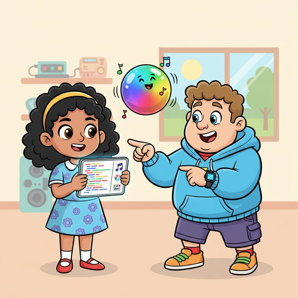 Pixel, beaming with pride, showed Bolt the simple lines of code that brought the bouncy ball to life. Together, they added new features, making the ball change colors and even sing a little tune.