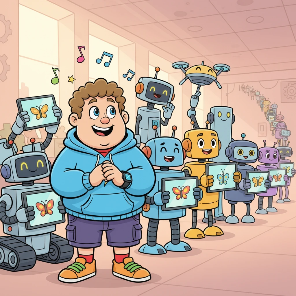 Their software became a hit! Robots from all over the workshop lined up to try the butterfly game, laughing and cheering. Pixel realized his small question had led to something wonderful.