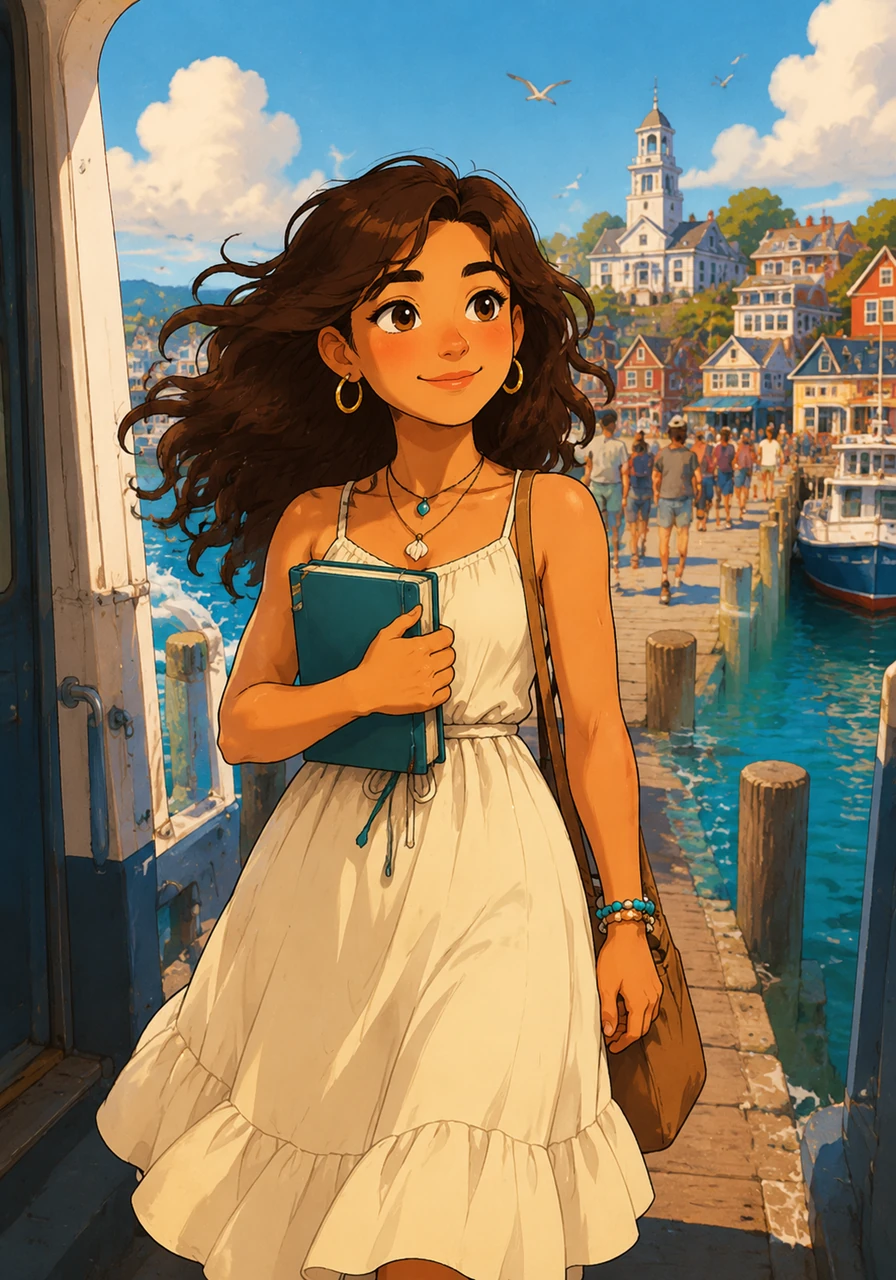Maya steps off the ferry onto MacMillan Pier, the salty Cape Cod air instantly catching her hair. Clutching her journal, she looks out at the colorful, bustling town of Provincetown, ready for a quiet summer of writing by the sea.
