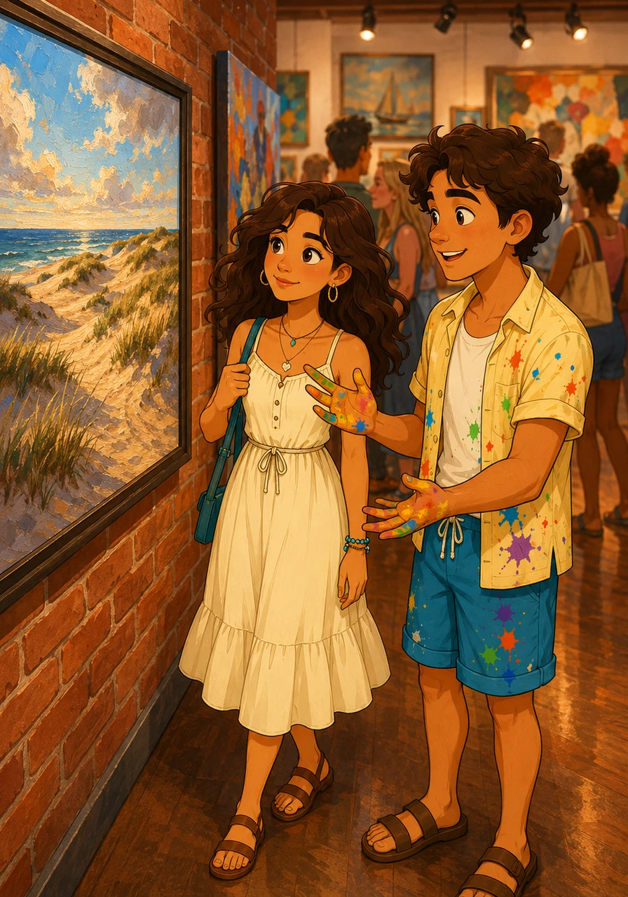 While browsing through a crowded art gallery on Commercial Street, Maya stops before a striking canvas of the Race Point dunes. Leo, the artist with paint-flecked hands and a warm smile, steps up beside her to explain the inspiration behind the brushstrokes.