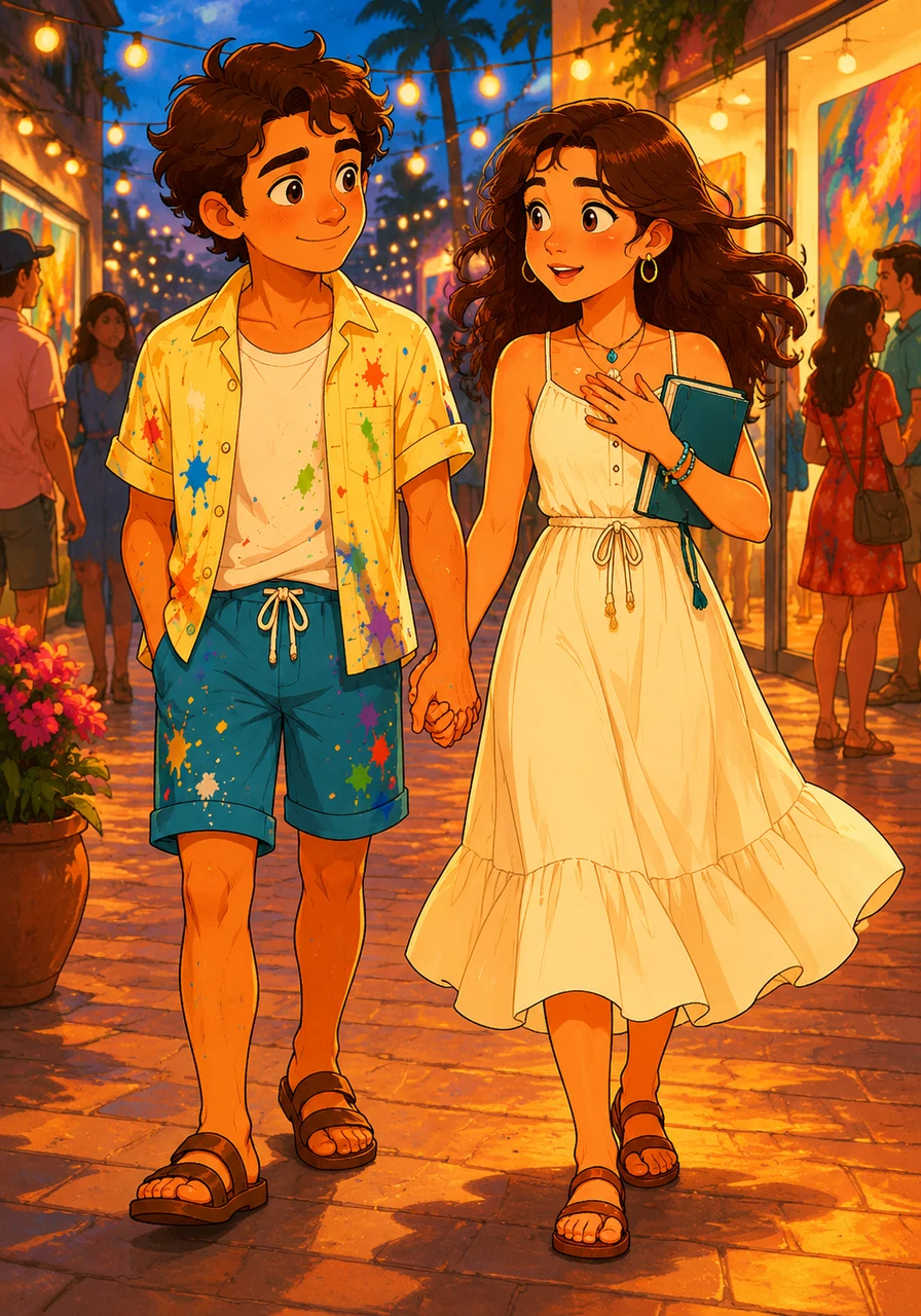 On a balmy Friday evening, Leo guides Maya through the vibrant energy of the P-town gallery stroll. Surrounded by laughter, music, and colorful art, he reaches down and gently slips his hand into hers for the very first time.