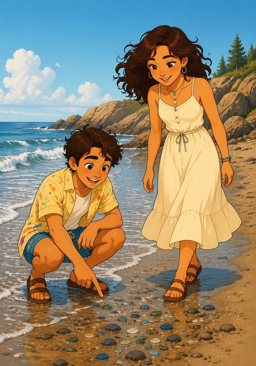 They spend a lazy afternoon at Herring Cove Beach, walking along the shoreline where the Atlantic meets the bay. Leo helps Maya hunt for sea glass, their shared laughter mingling with the steady, soothing rhythm of the crashing waves.