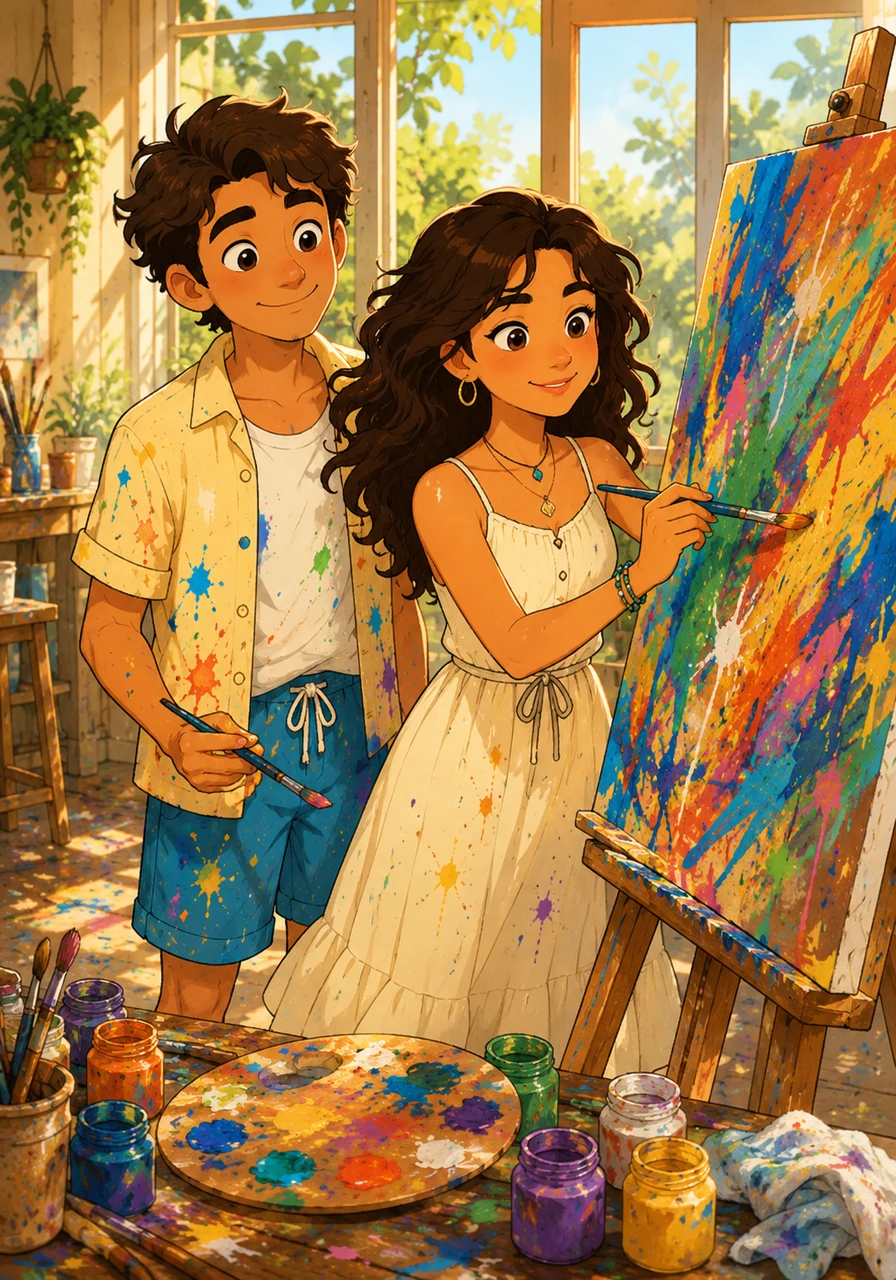 Leo invites Maya to his sunlit backyard studio, where the scent of turpentine and saltwater fills the air. With gentle encouragement, he coaxes her to pick up a brush, and they spend hours painting a chaotic, beautiful canvas together.