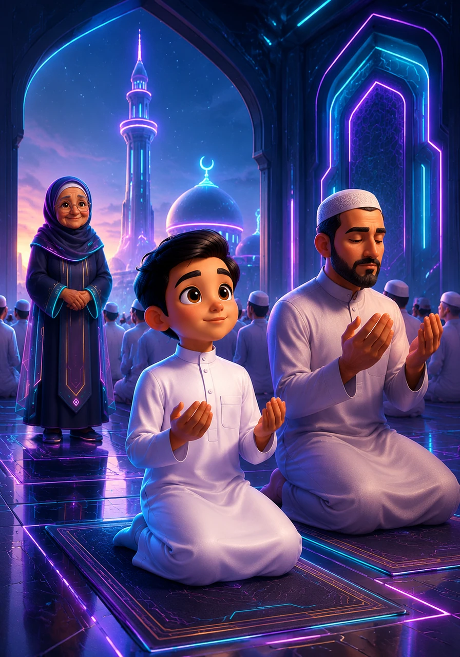 استيقظ سلمان مبكرًا في اليوم التالي ليصلي الفجر مع والده في المسجد، وبينما هما هناك، غمرت أصوات التكبير الجماعي الشجي قلبه بالسكينة والخشوع وشعر باختلاف هذه الأيام.