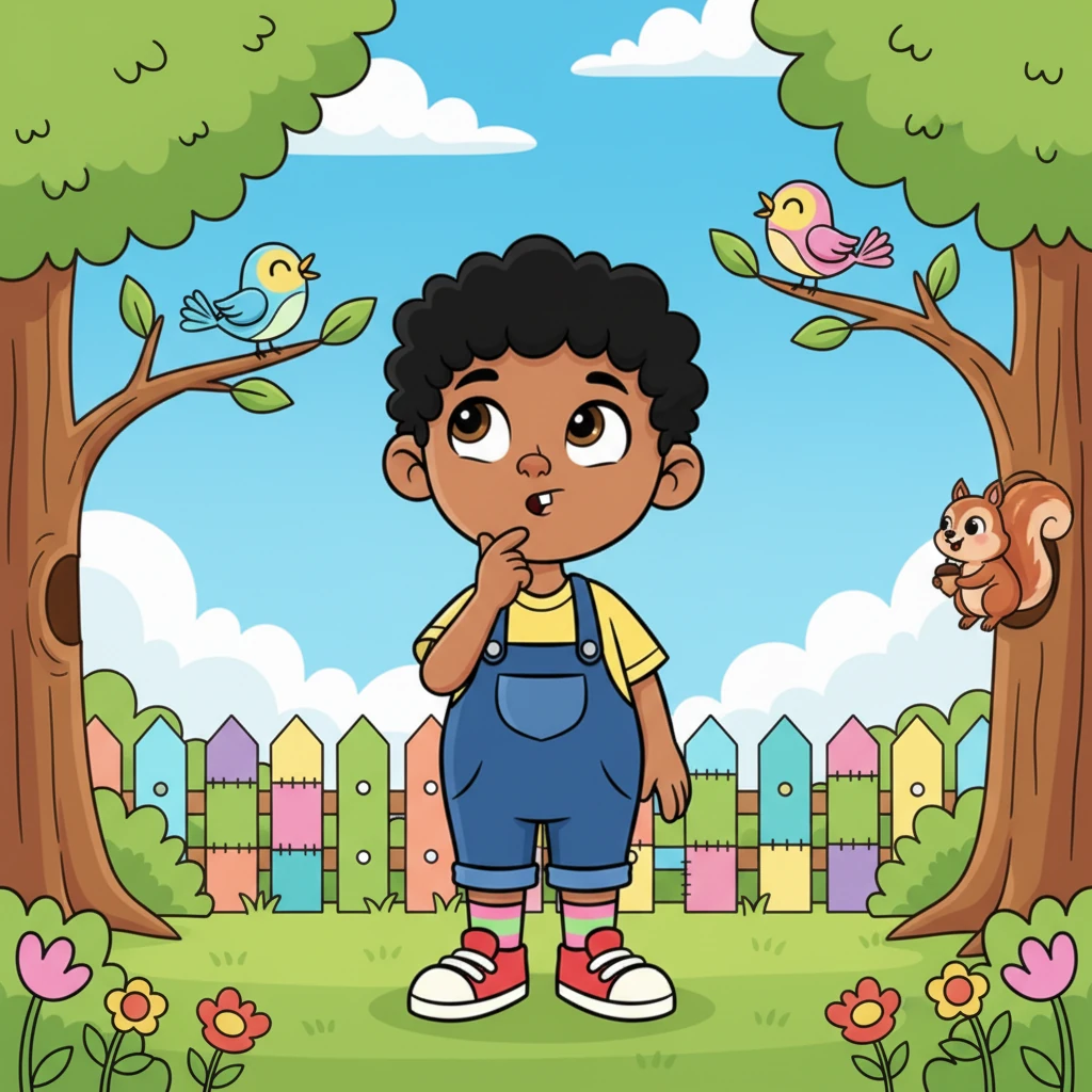 Leo, a bright-eyed child, stands in his colorful backyard, looking up at the sky with a thoughtful expression. Birds chirp happily around him, and a friendly squirrel peeks from a tree. He wonders how he can make the world an even better place for everyone.