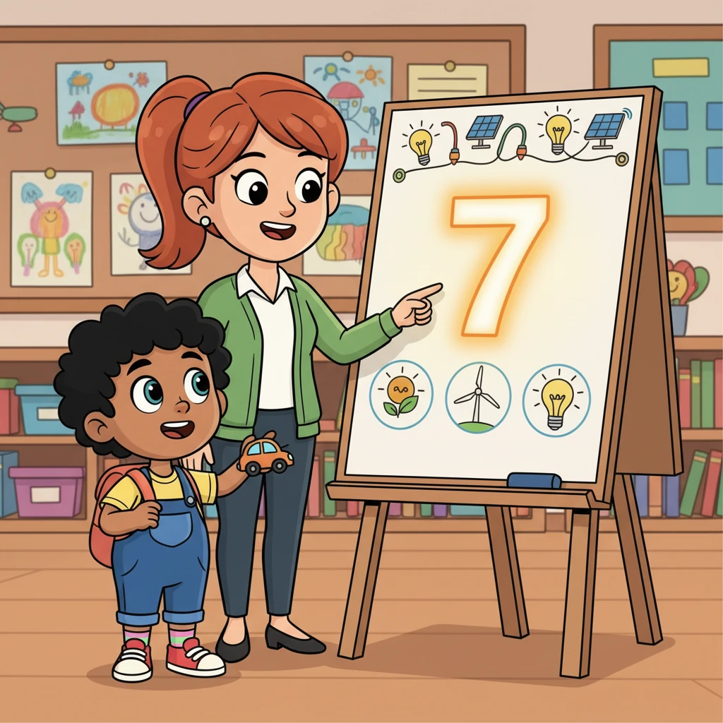 Leo visits a vibrant community center where a friendly grown-up explains about energy. They point to a big, glowing number 7 on a chart, representing 'Affordable and Clean Energy.' Leo learns that we need power for our lights and toys, but some energy can harm our planet.