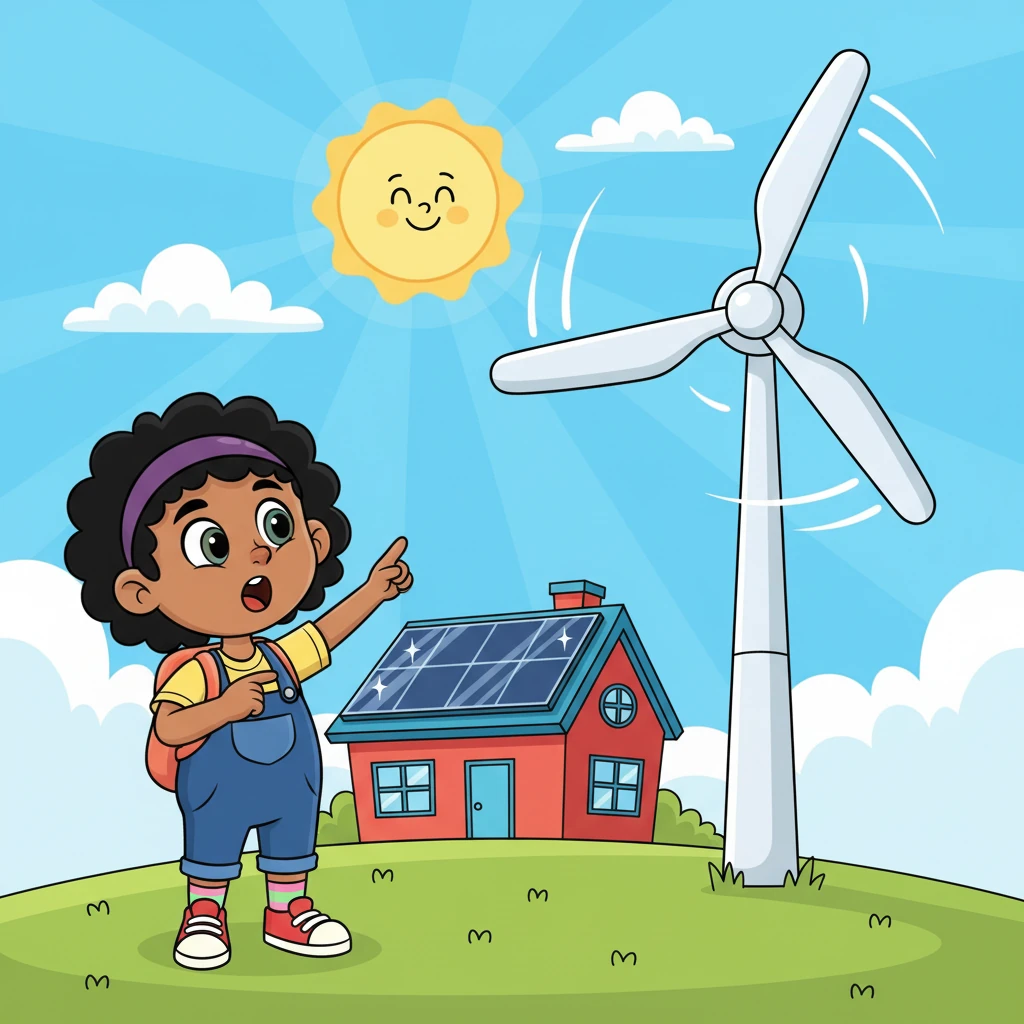 Outside, Leo sees a house with shiny solar panels on the roof, sparkling under a cheerful sun. Nearby, a giant wind turbine spins gracefully in the breeze, its blades turning silently. He understands that the sun and wind can give us clean, endless energy without making the air dirty.
