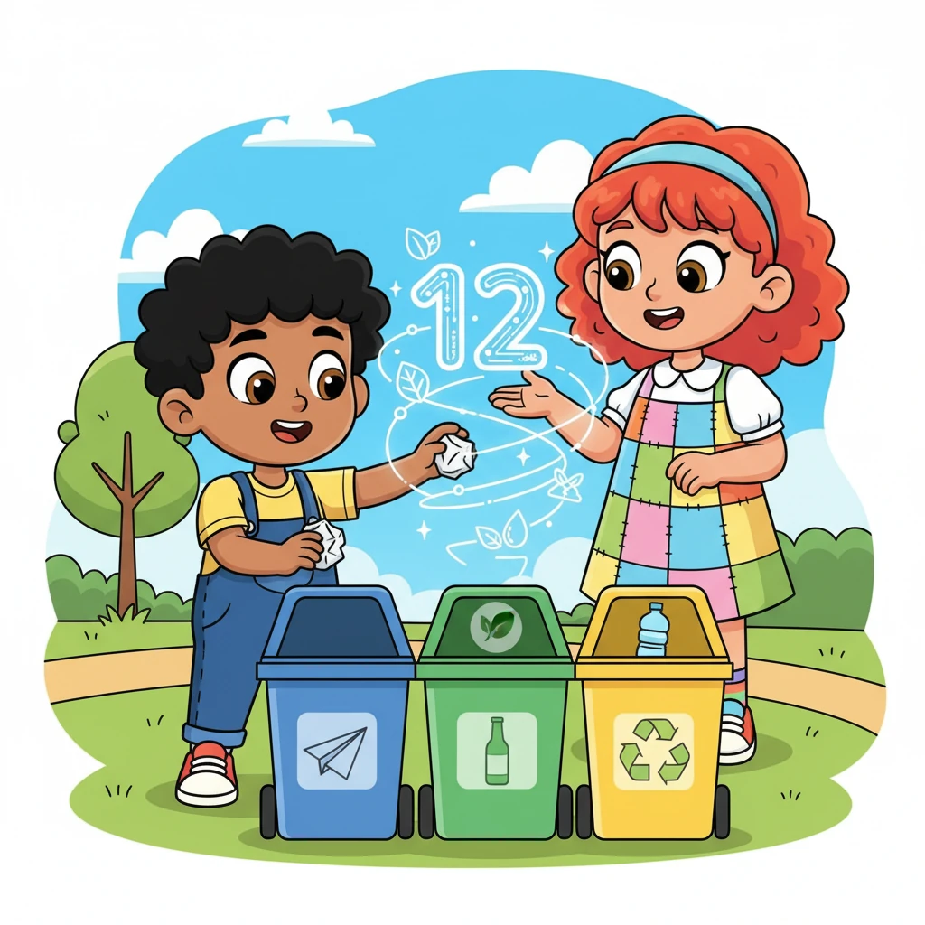 Next, Leo learns about 'Responsible Consumption,' represented by a swirling number 12. He sees a pile of colorful trash bins: blue for paper, green for glass, and yellow for plastic. The grown-up explains that throwing away less and recycling more helps keep our planet tidy and healthy.
