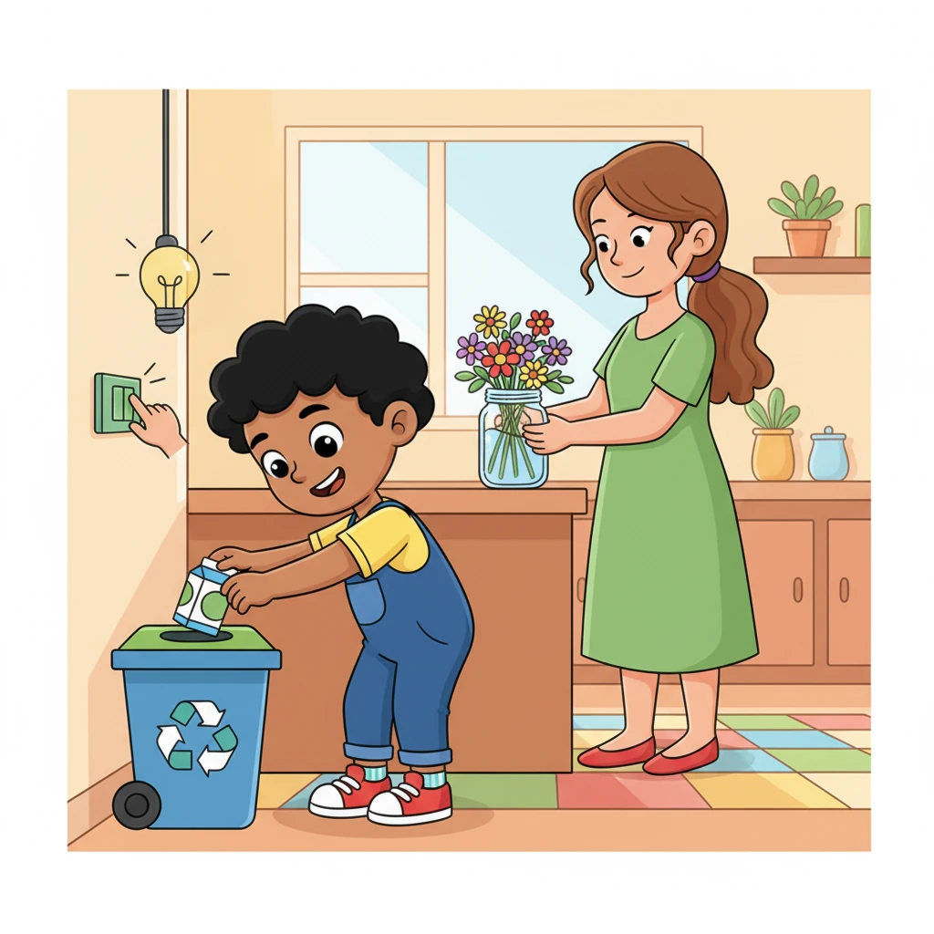 Leo is at home, carefully sorting his juice box into the recycling bin, while his mom reuses an old jar for flowers. He also remembers to turn off the lights when he leaves a room. Every little action makes a big difference, he thinks with a proud smile.