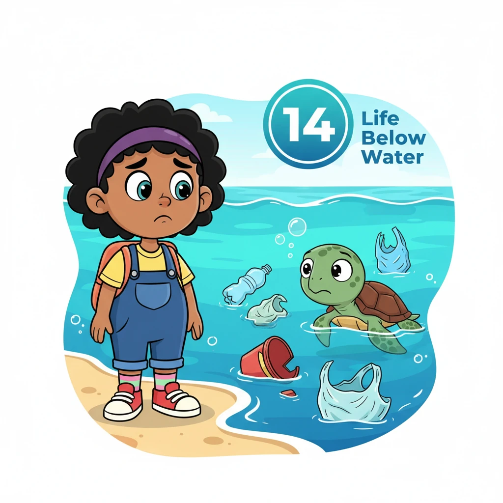Suddenly, Leo imagines a beautiful ocean, but he sees plastic bottles and bags floating sadly in the water. A worried sea turtle peeks out from behind a discarded plastic ring. This is 'Life Below Water,' number 14, and Leo feels sad that our actions can hurt ocean creatures.