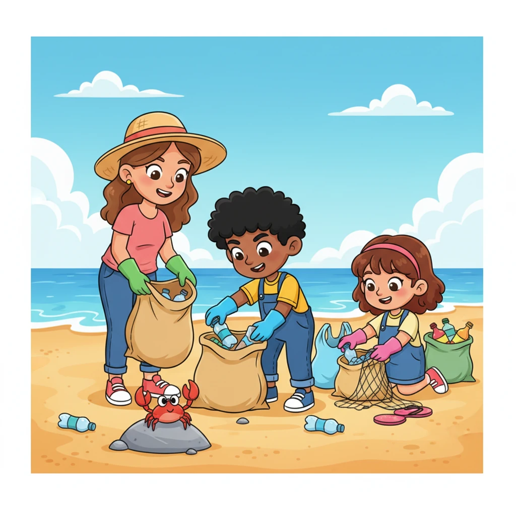 Determined, Leo joins a group of friends and grown-ups at a sunny beach cleanup. They wear bright gloves and happily collect trash, making the sand sparkle again. A happy crab waves its claw from a newly clean rock as the ocean waves gently lap the shore.