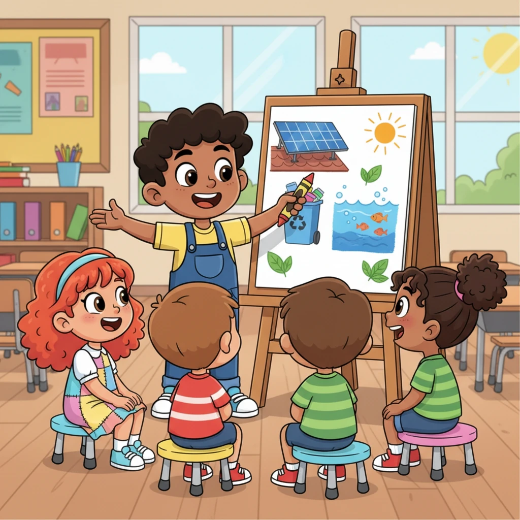 Back at school, Leo draws a big picture showing solar panels, recycling bins, and a clean ocean. He excitedly tells his friends all about the three world goals and how they can all be 'Planet Protectors' too. His friends listen with wide, eager eyes.