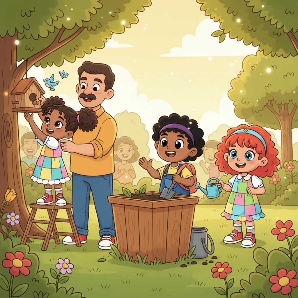 Inspired by Leo, his friends start their own small projects. One friend helps their family put up a bird feeder, another starts a compost bin, and another reminds everyone to save water. The whole neighborhood seems to glow with new, positive energy.