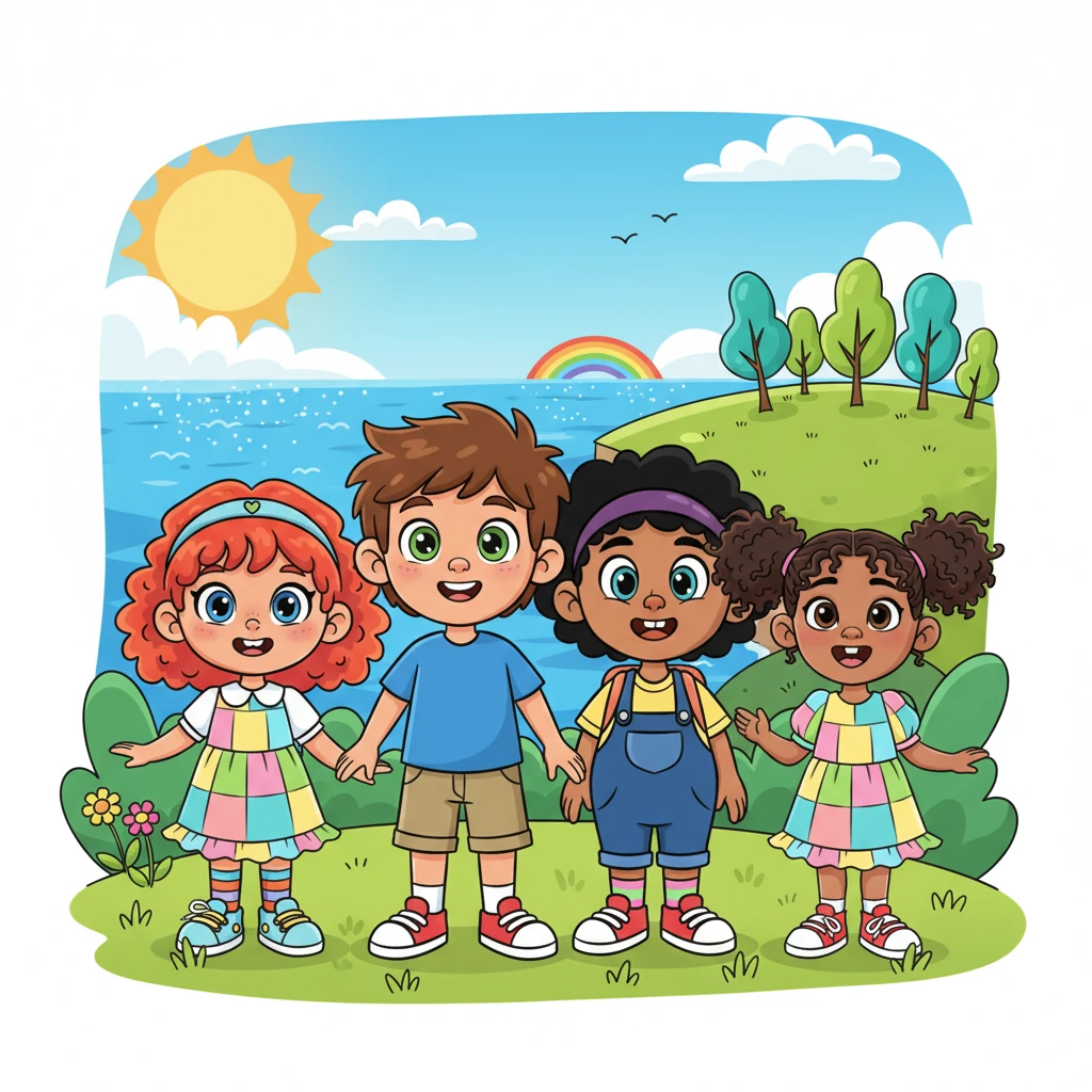 Leo stands with his friends, looking out at a bright, clean, and happy world. The sun shines, the ocean sparkles, and green trees sway gently. They know that by working together, they can keep our amazing planet healthy and happy for everyone, now and in the future.