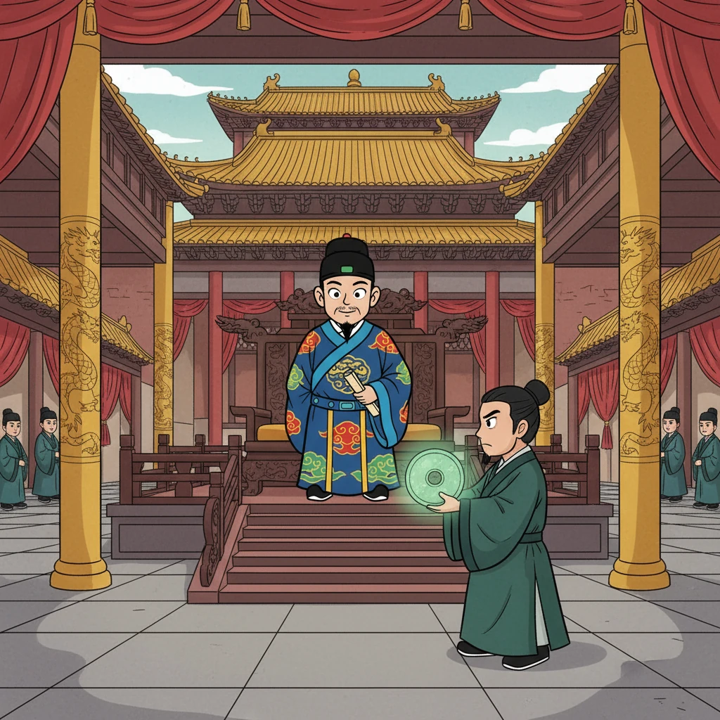 秦王坐在華麗的章臺之上,目光貪婪地盯著和氏璧。 藺相如手捧著這塊價值連城的寶玉,神情堅毅,準備與秦王展開一場鬥智鬥勇的較量。 周圍的宮殿金碧輝煌,但空氣中卻瀰漫著緊張的氣氛。