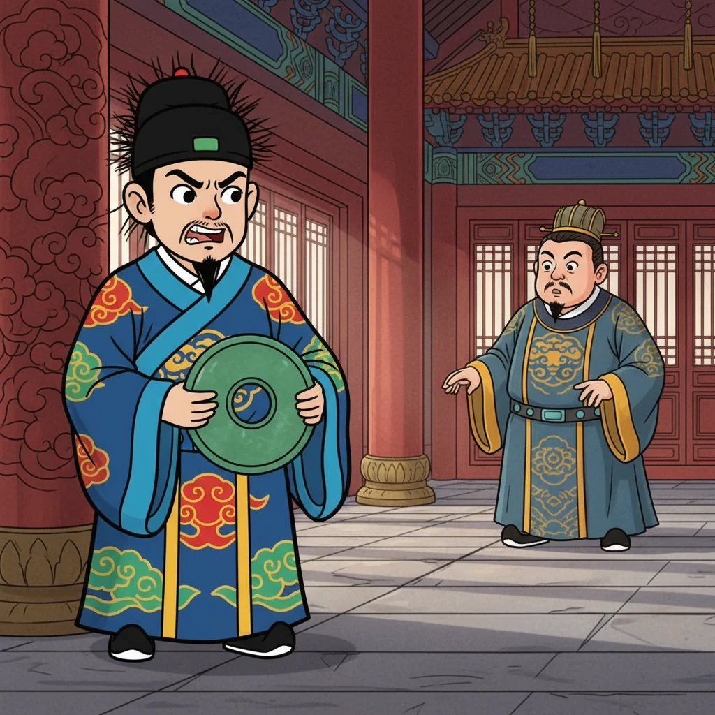 藺相如手持和氏璧,怒視著秦王,準備以自己的生命來捍衛趙國的尊嚴。 他站在殿柱旁,頭髮豎起,面容嚴肅,展現出不屈的氣概。 秦王面露猶豫,不知如何是好。