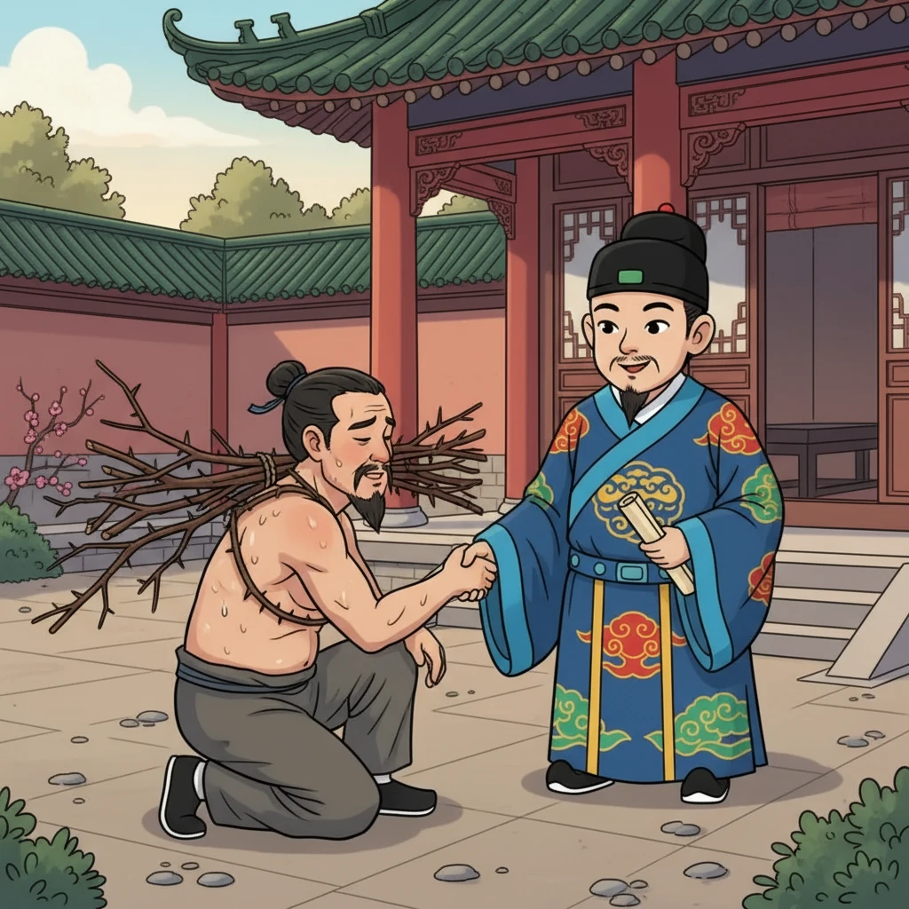 廉頗聽聞藺相如的所作所為,深感慚愧,決定負荊請罪。 他赤裸上身,背著荊條,來到藺相如的府邸,表達自己的歉意。 藺相如見狀,欣然接受,兩位英雄握手言和。