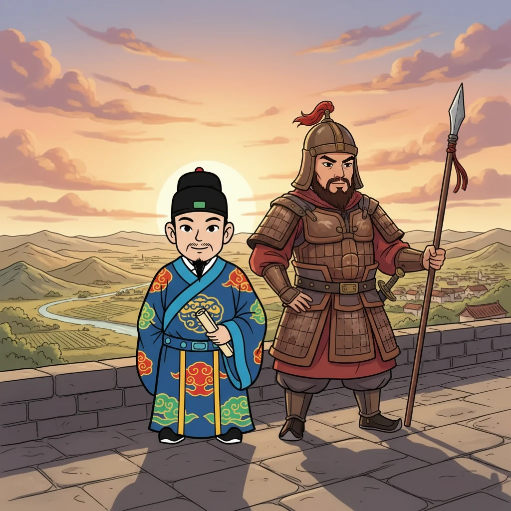 廉頗與藺相如,兩位英雄並肩而立,共同守護著趙國。 他們站在城牆上,俯瞰著趙國的土地,目光堅定,充滿了對未來的希望。 太陽的光芒灑在他們身上,象征著友誼與和平。