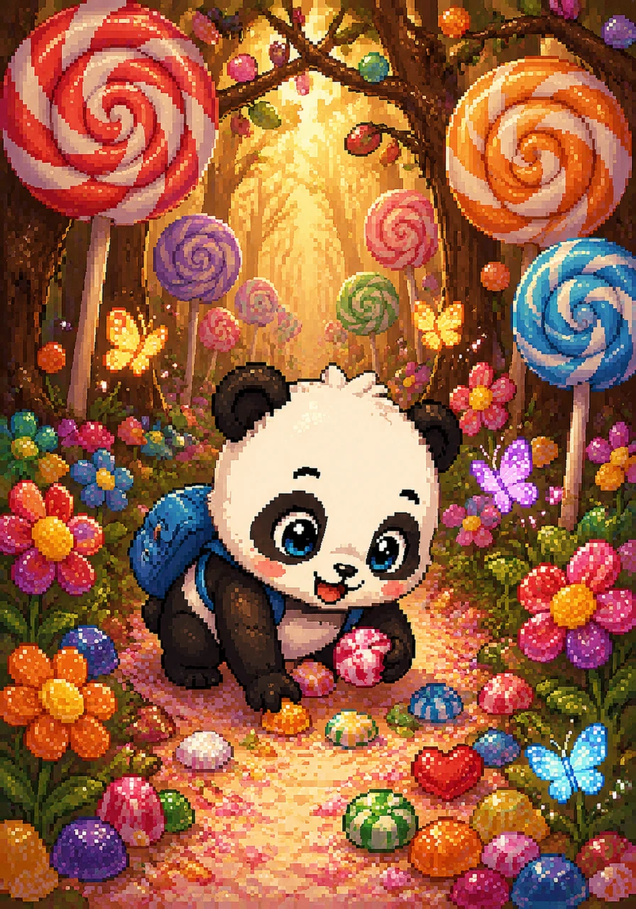 Benny the baby panda adjusts his tiny blue backpack and steps into a magical candy forest, his huge sparkling eyes wide with wonder. Giant colorful lollipops tower over him like trees, and sweet rainbow flowers bloom along a path made of crushed sugar crystals. Warm golden sunlight filters through chocolate branches, illuminating the sparkling butterflies that flutter around him as he happily collects colorful candies.