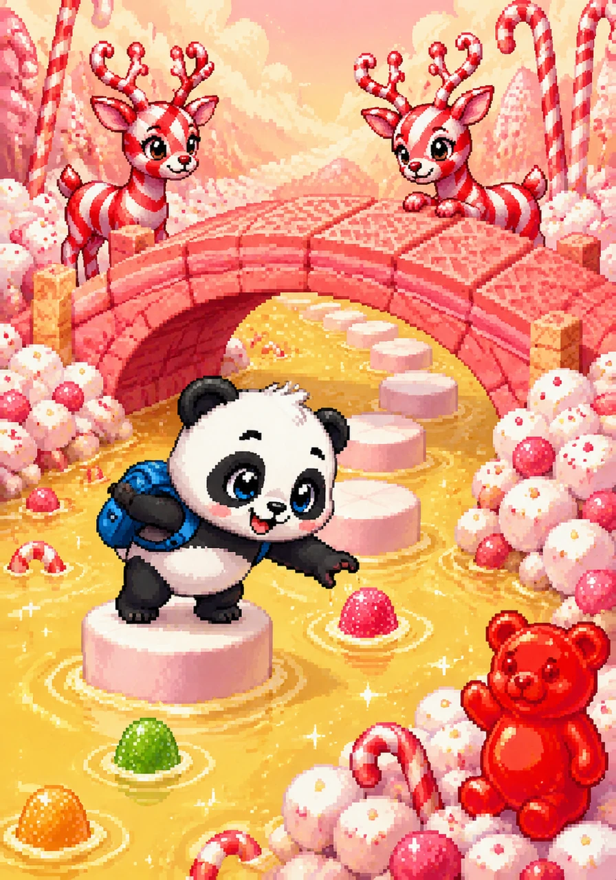 Deep in the heart of the sweet woods, Benny discovers a sparkling lemonade river flowing gently under a bridge made of giant pink wafer cookies. He balances carefully on a marshmallow stepping stone, reaching out with a joyful smile to scoop up a floating gumdrop. The air is thick with the scent of strawberry and vanilla, and friendly candy-cane deer watch him from the marshmallow bushes.