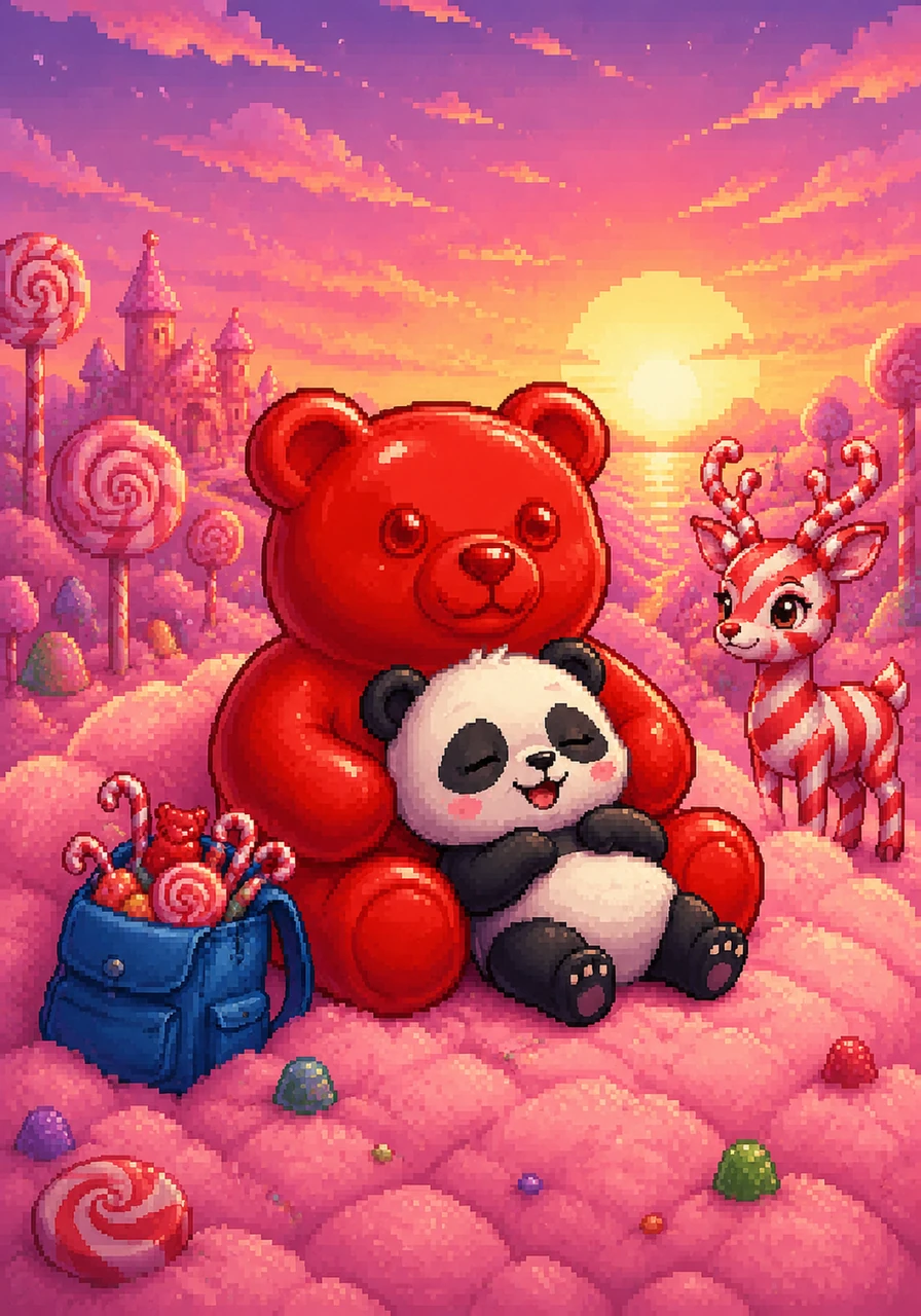 As the golden sun begins to set, casting a warm pink and purple glow across the candy forest, Benny finds a cozy hill made of soft cotton candy. Exhausted but incredibly happy from his grand adventure, the little panda cuddles up against a giant, plush gummy bear. With his backpack full of sweet treasures and a satisfied smile on his face, Benny closes his eyes to dream of his next big journey.