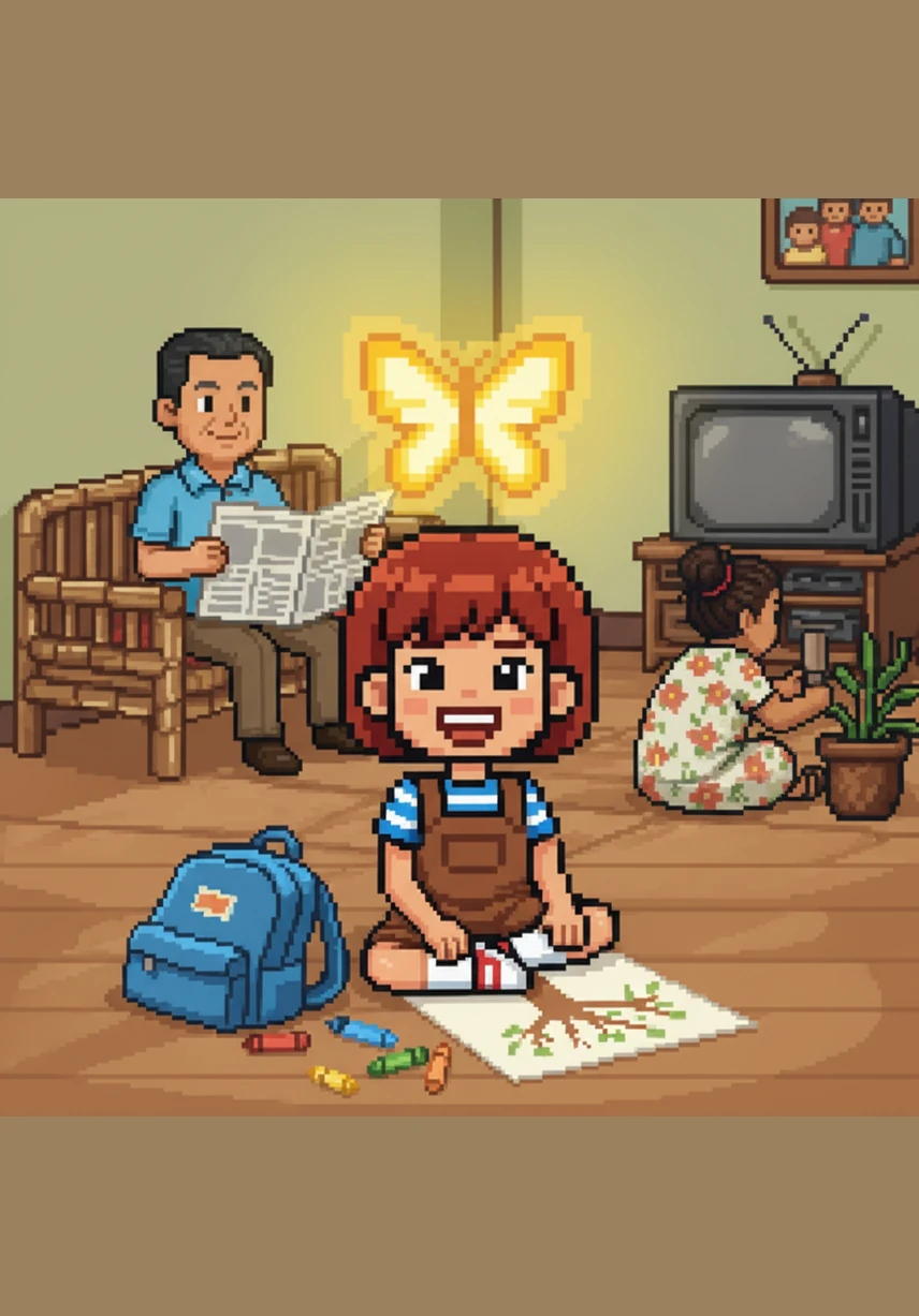 Mimay sits down in the living room to work on her school assignment called the Trusted Adult Tree. Her butterfly glows a bright, happy yellow as she opens her bag and takes out her colorful crayons to begin her work.