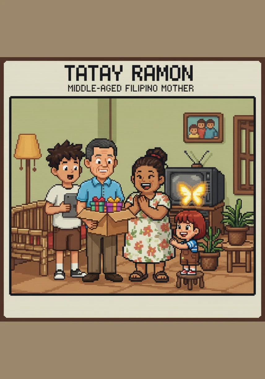 Suddenly, Tatay Ramon walks through the door with a wonderful surprise hidden behind his back. He presents Mimay with a brand-new doll, making her eyes light up with pure excitement as she reaches out for her new toy.