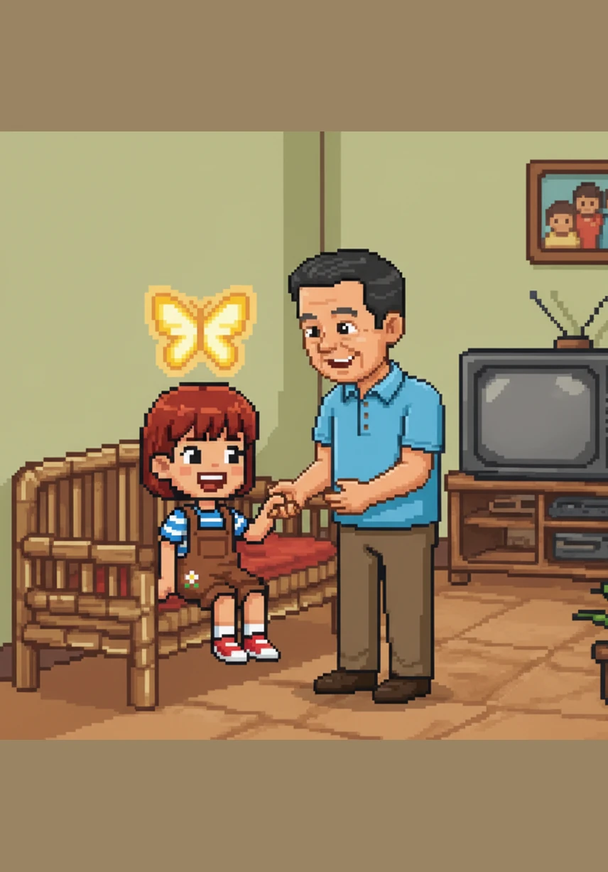 Tatay Ramon asks Mimay if he can have a hug, and she joyfully wraps her arms around him in a tight embrace. Above her head, the butterfly flutters its wings and glows a brilliant yellow, reflecting her deep sense of safety and love.