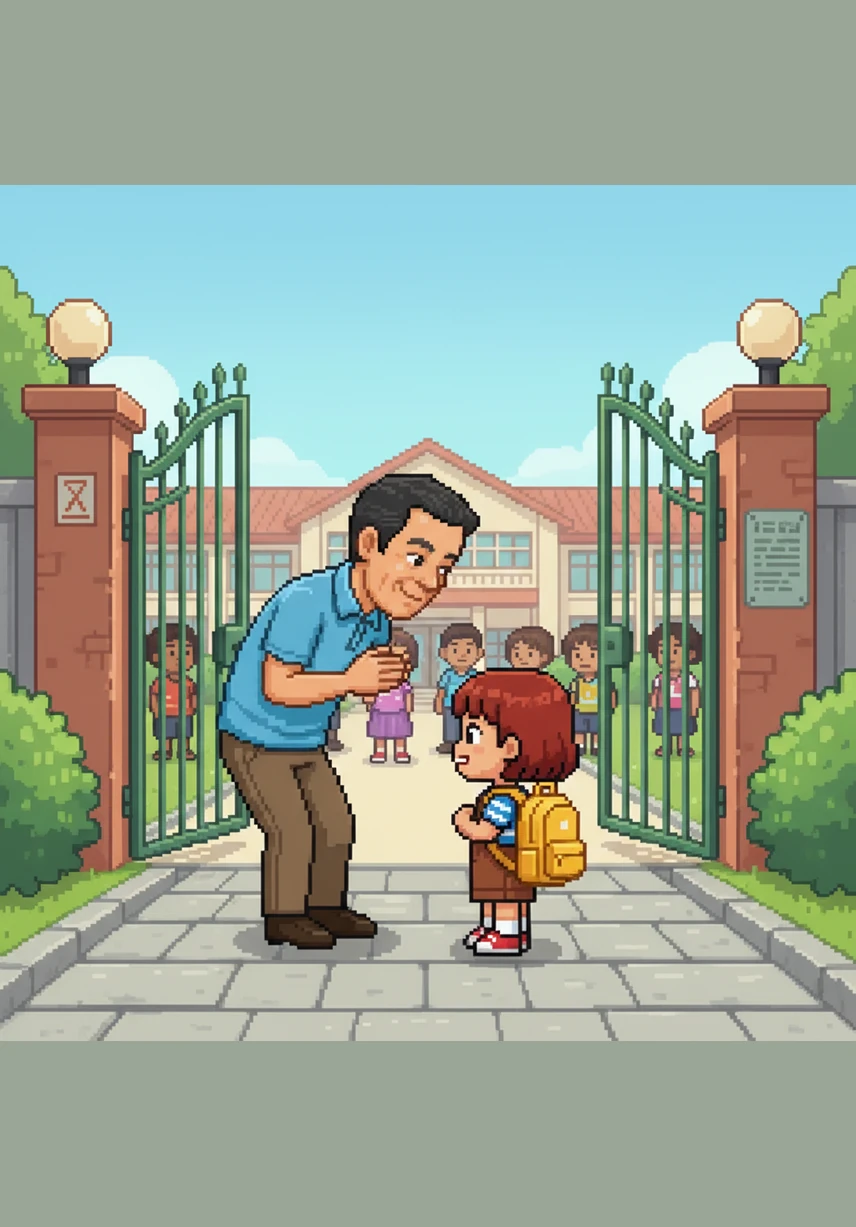 The next morning, Tatay Ramon drops Mimay off at the school gate with a high-five and a reminder to be kind and brave. With her yellow butterfly leading the way, Mimay feels confident and ready for a new day of learning and friendship.