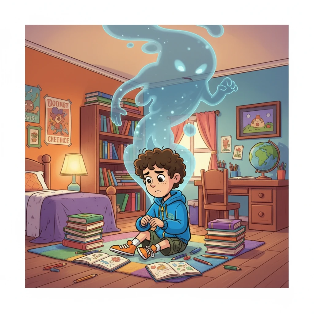 Matias, um garoto de 12 anos, estava em seu quarto, um refúgio de livros e desenhos, quando uma névoa azulada começou a se formar, assumindo a forma de uma sombra sutil. Era o Sussurro Invisível, o medo, com sua voz suave e persuasiva, sussurrando dúvidas em sua mente. A cena deveria mostrar o quarto de Matias, aconchegante e cheio de cores, contrastando com a sombra azulada do medo, que paira sutilmente.