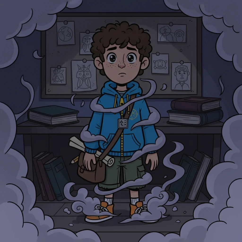 “Você não é bom o suficiente”, dizia o Sussurro. Matias, paralisado, sentia a insegurança crescer. Ele olhou para seus desenhos inacabados, para os livros fechados, e sentiu o peso das expectativas. A ilustração mostraria Matias com uma expressão de dúvida, enquanto a névoa do medo o envolve, e o quarto se torna mais sombrio.