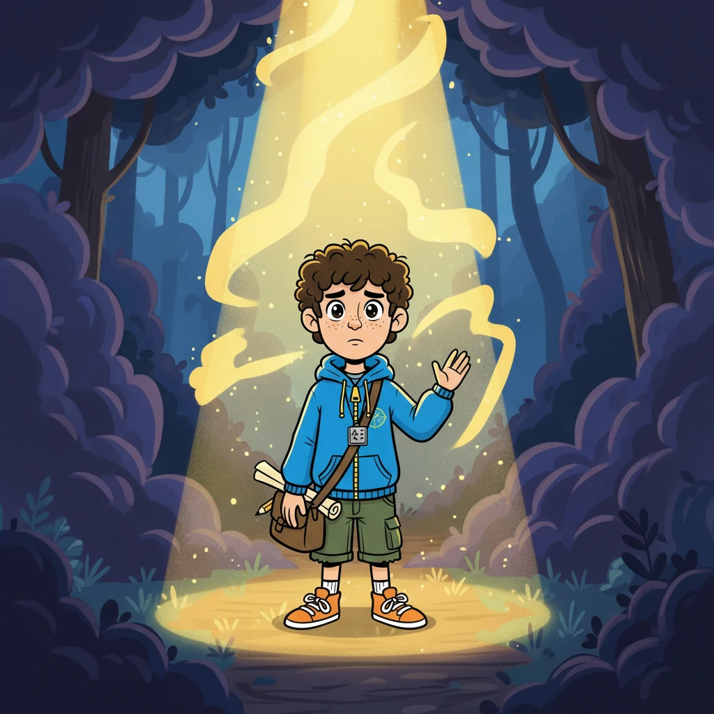 De repente, a luz dourada da Voz da Coragem surgiu, como um raio de sol atravessando a névoa. Ela sussurrou: “Não deixe o medo te controlar.” A imagem deve retratar a Voz da Coragem como um brilho quente, dissipando a sombra azulada, e Matias começando a demonstrar esperança.