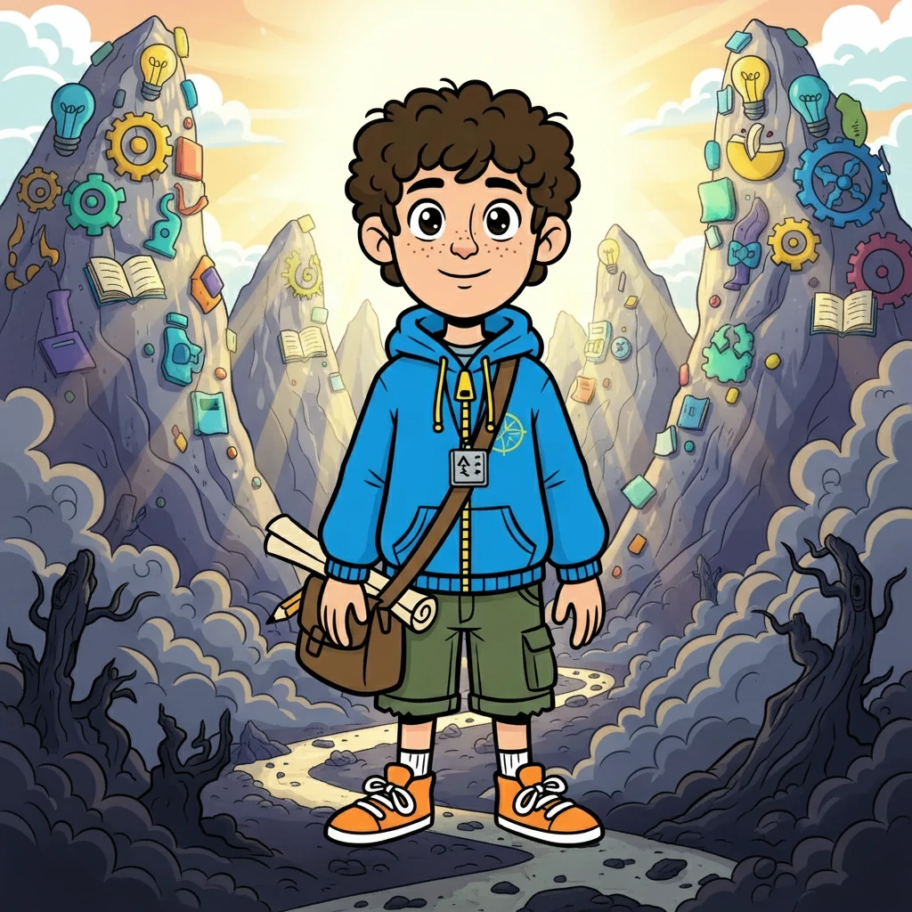 Matias, sentindo a coragem reacender, decidiu explorar o Reino dos Pensamentos, um lugar imaginário que refletia sua mente. A cena seria uma paisagem surreal, com montanhas de ideias e vales de dúvidas. A iluminação seria vibrante, mas com áreas de sombra, simbolizando os desafios.