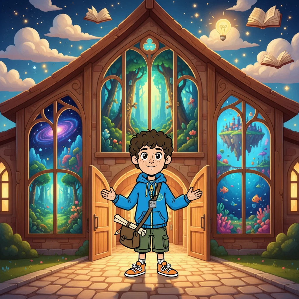 No Reino dos Pensamentos, Matias encontrou a Escola dos Pensamentos, onde ele aprendeu a controlar seus sentimentos. A escola seria uma estrutura grandiosa e acolhedora, com janelas mostrando diferentes cenários. A cena busca transmitir a sensação de conhecimento e descoberta.