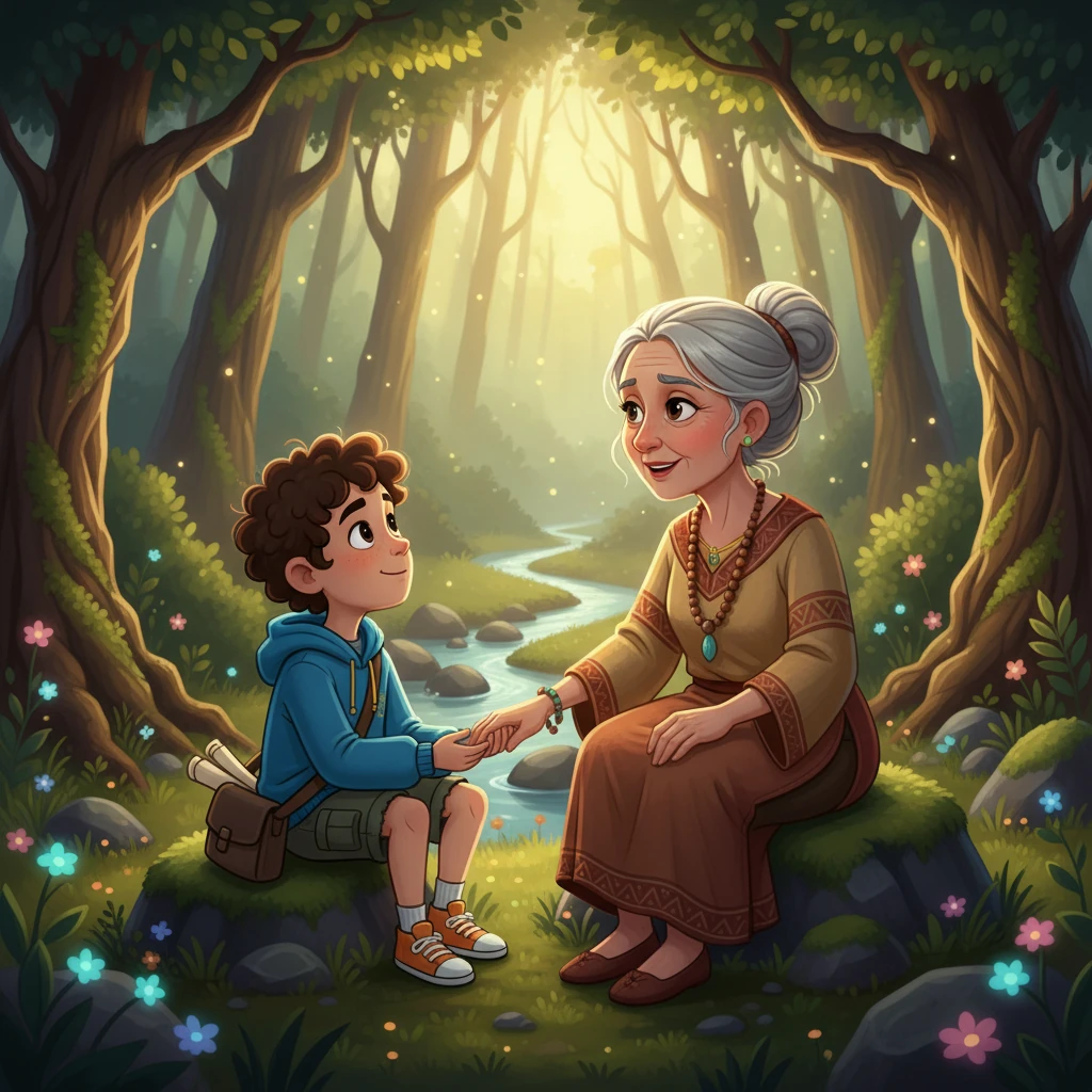 A Vó Aurora apareceu, sua mentora sábia, com um sorriso gentil. Ela explicou que o medo é apenas uma parte da jornada, e que a coragem é a chave. A imagem deveria mostrar Vó Aurora com uma aura de sabedoria, ensinando Matias em um ambiente tranquilo e inspirador.