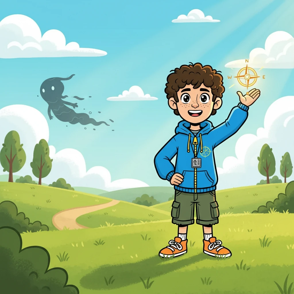 Matias aprendeu a importância de enfrentar seus medos e de como o pensamento positivo pode ser uma ferramenta poderosa. A cena ilustraria Matias, agora mais confiante, segurando um símbolo de coragem, enquanto o Sussurro Invisível se afasta.