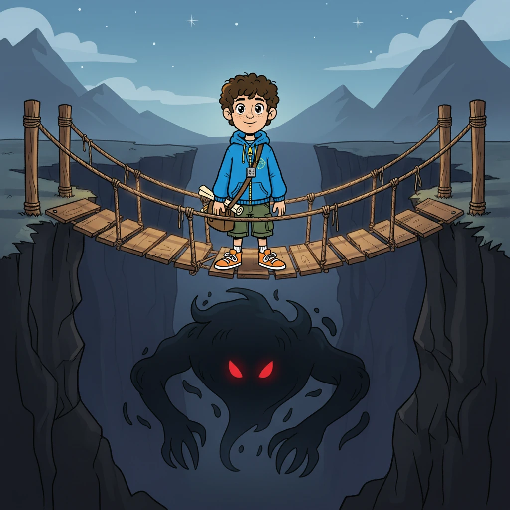 Na Ponte da Coragem, Matias enfrentou seus maiores medos, um por um. A ponte seria suspensa sobre um abismo, e Matias precisaria atravessá-la. A imagem deve mostrar Matias no meio da ponte, com determinação no rosto, e o medo como uma sombra abaixo.