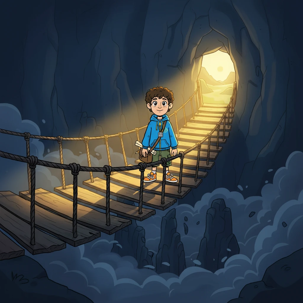 Enquanto ele avançava, a luz da Voz da Coragem brilhava mais forte, guiando-o. O abismo se tornava menos assustador a cada passo. A cena mostrará a luz dourada guiando Matias, enquanto ele se aproxima do final da ponte.