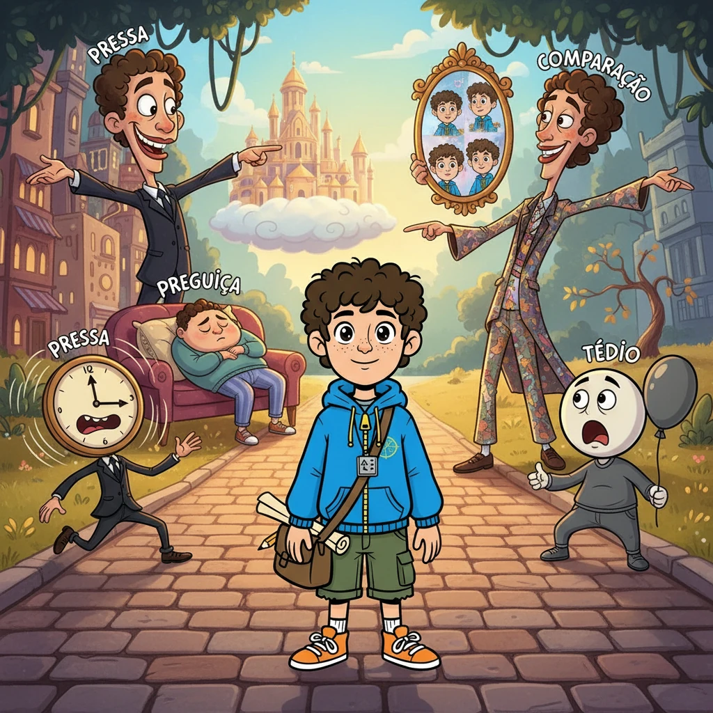 Matias encontrou amigos que representavam distrações: a Pressa, a Preguiça, a Comparação e o Tédio. Eles tentaram desviar seu caminho. A imagem retratará esses amigos com expressões exageradas e convidativas, tentando atrair Matias.