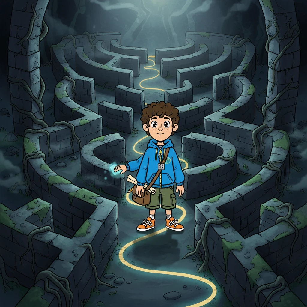 Matias chegou ao Labirinto da Dúvida, um lugar cheio de caminhos tortuosos e becos sem saída. O labirinto seria escuro e confuso, mas com pequenos feixes de luz indicando o caminho certo. A imagem deve causar apreensão e curiosidade.