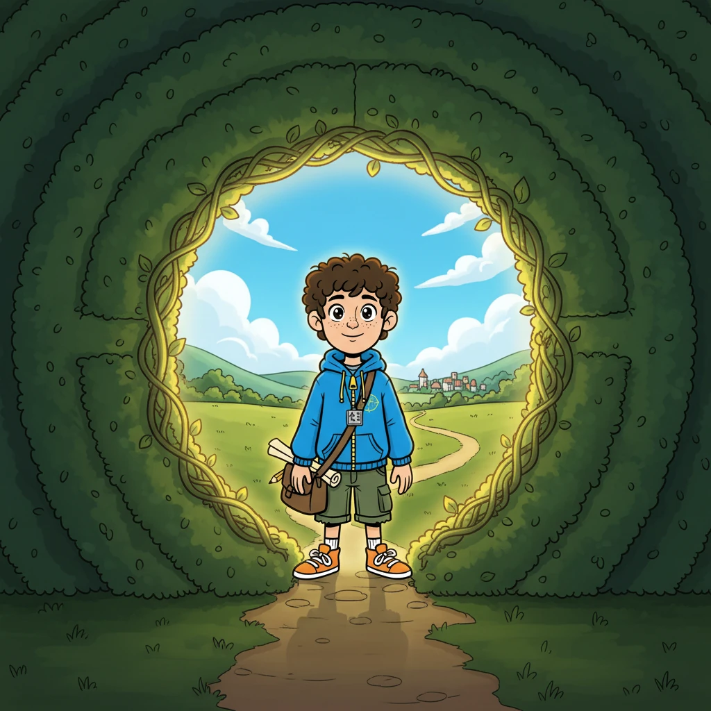 Com a ajuda da Voz da Coragem, Matias encontrou a saída do labirinto. A cena mostrará Matias emergindo do labirinto com determinação renovada, banhado pela luz.