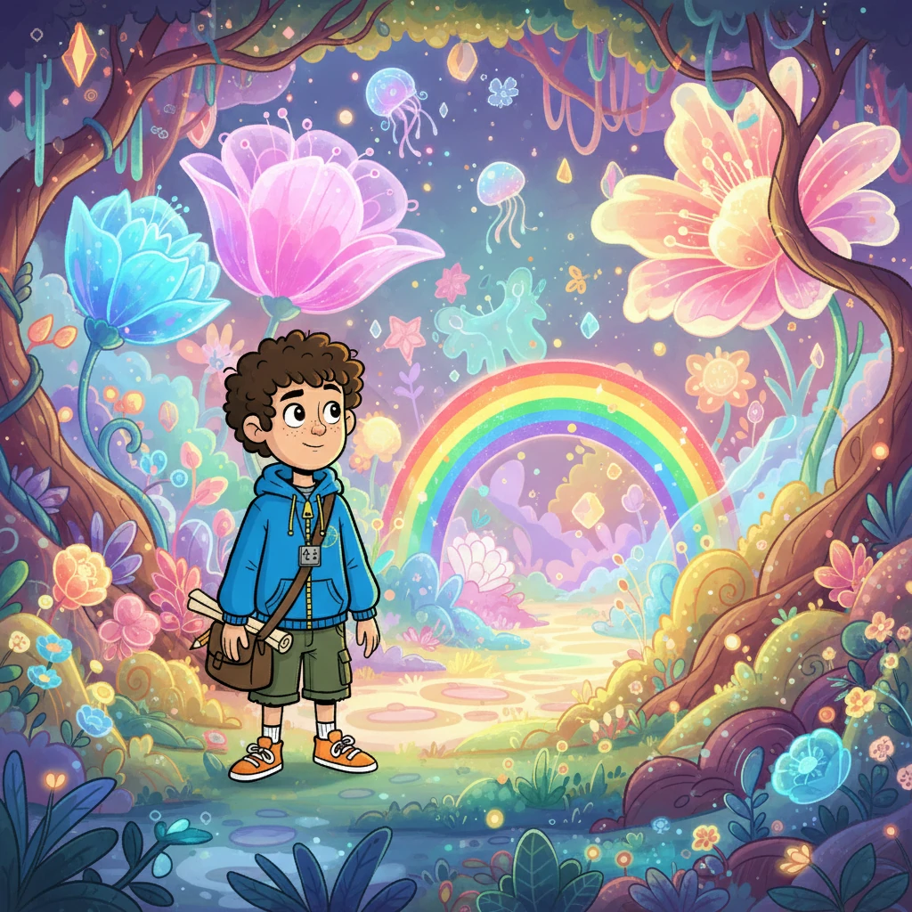 Ele se aproximou do Jardim dos Sonhos Vivos, onde seus sonhos mais profundos esperavam. O jardim seria exuberante, cheio de cores vibrantes e formas fantásticas. A cena deve evocar admiração e esperança.