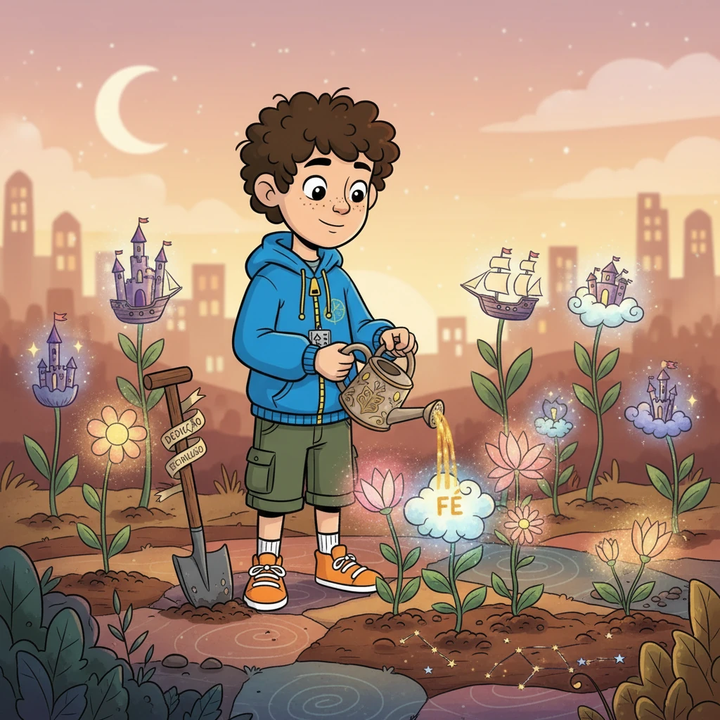 Matias começou a cuidar de seus sonhos, regando-os com fé e dedicação. A cena deve mostrar Matias interagindo com os sonhos, cultivando-os com cuidado.