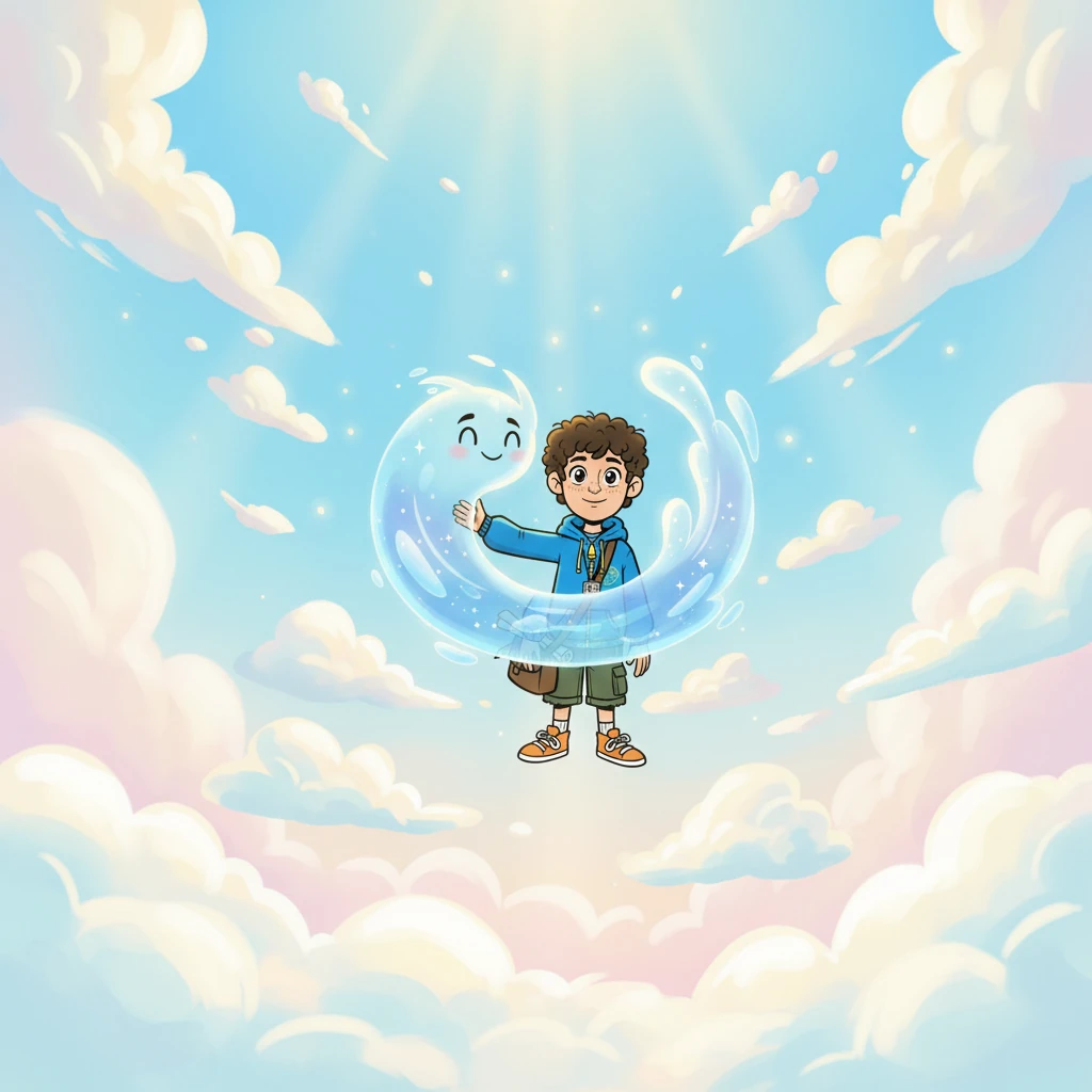 Matias e o Sussurro, agora em harmonia, subiram para o Céu da Liberdade Mental, um lugar de paz e clareza. O céu deve ser luminoso e expansivo. A cena deve transmitir tranquilidade.