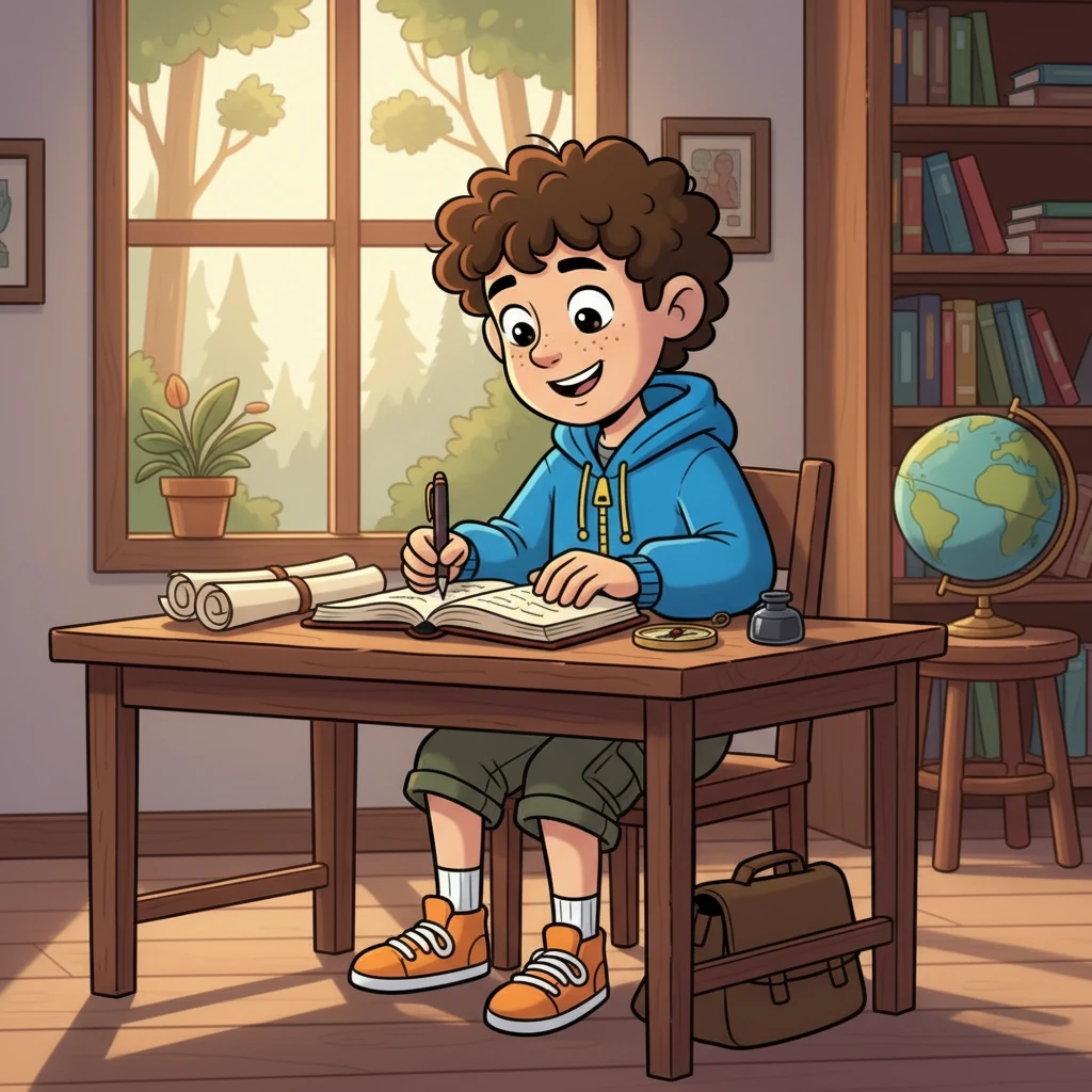 Ele começou a escrever em seu diário, registrando suas experiências e aprendizados. A imagem deve mostrar Matias escrevendo, com um sorriso.