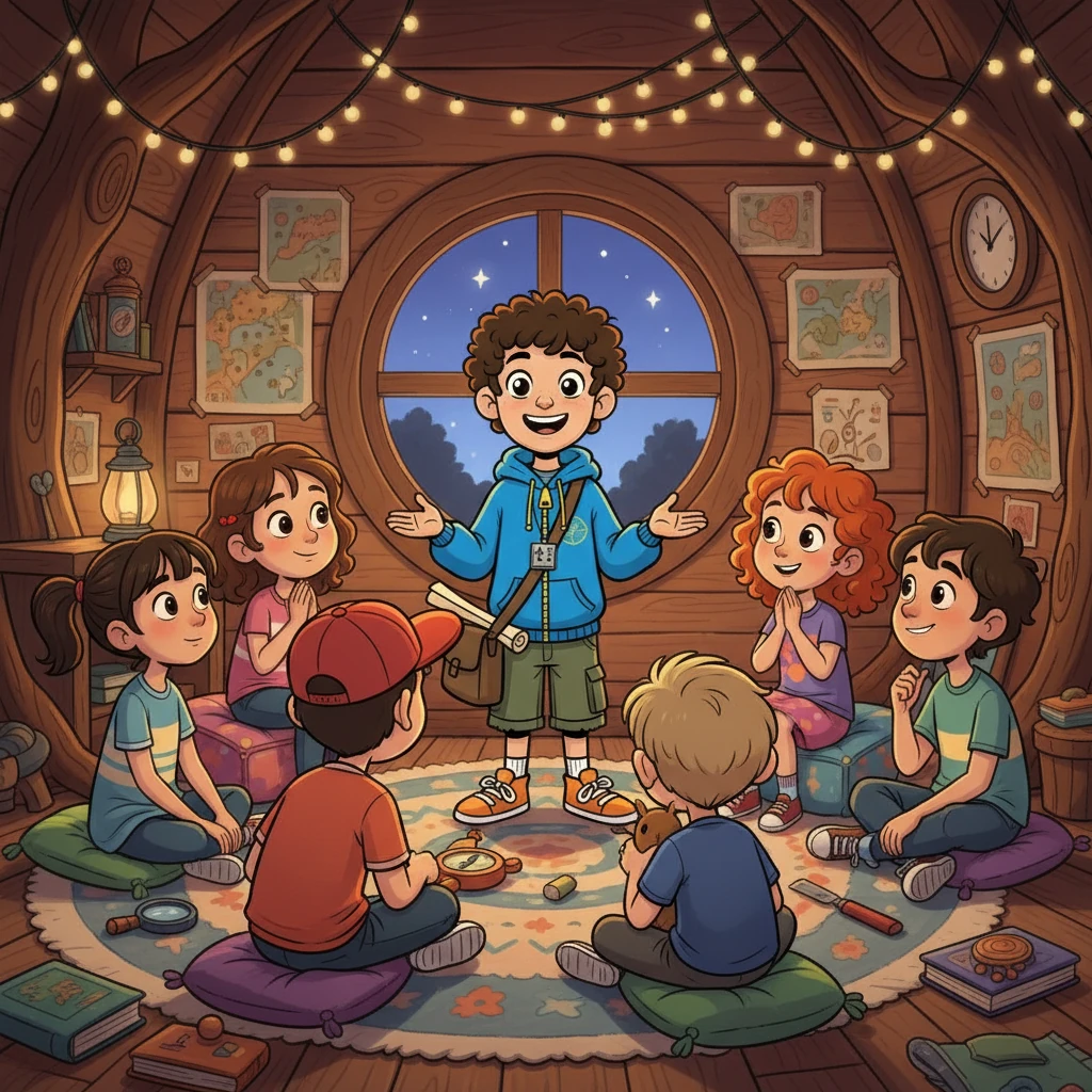 Matias decidiu compartilhar sua história com seus amigos, inspirando-os a enfrentar seus próprios medos. A cena deve mostrar Matias contando sua história, com seus amigos ouvindo atentamente.