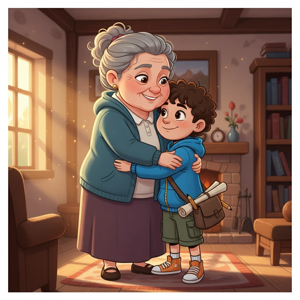 A Vó Aurora apareceu novamente, orgulhosa de seu neto. A cena deve mostrar a Vó Aurora sorrindo e abraçando Matias.