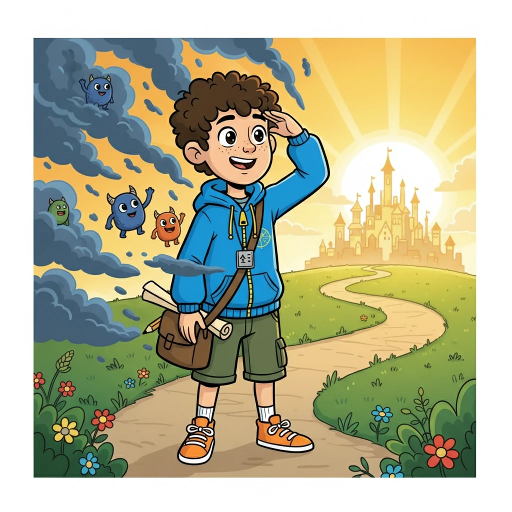 Matias entendeu que a jornada de autoconhecimento é contínua e que o medo sempre estará presente, mas não precisa dominá-lo. A imagem deve mostrar Matias olhando para o futuro com otimismo.